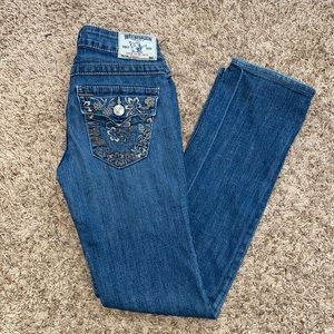 True Religion Low Rise Straight Leg Blue Jeans with Floral Embroidery, size 26